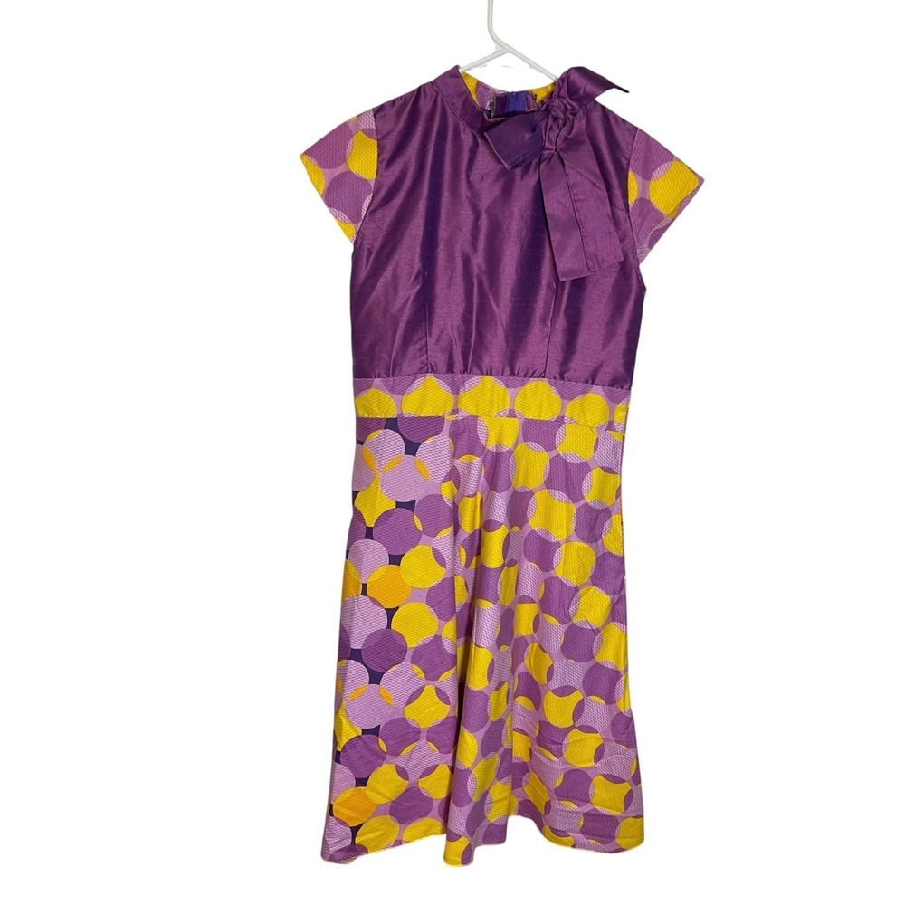 Handmade‎ 14 Purple Yellow Geometric Circle Print Bow Mock Neck Mod Retro Dress